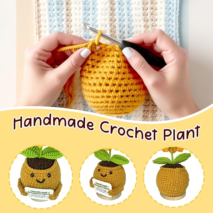 TUHNG & HYOO Emotional Support Crochet Positive Sunflower Plant Appreciation Messages Gifts, Positive Emotional Handmade Crochet Plant Decor Stuff Gifts for Women Men Friends