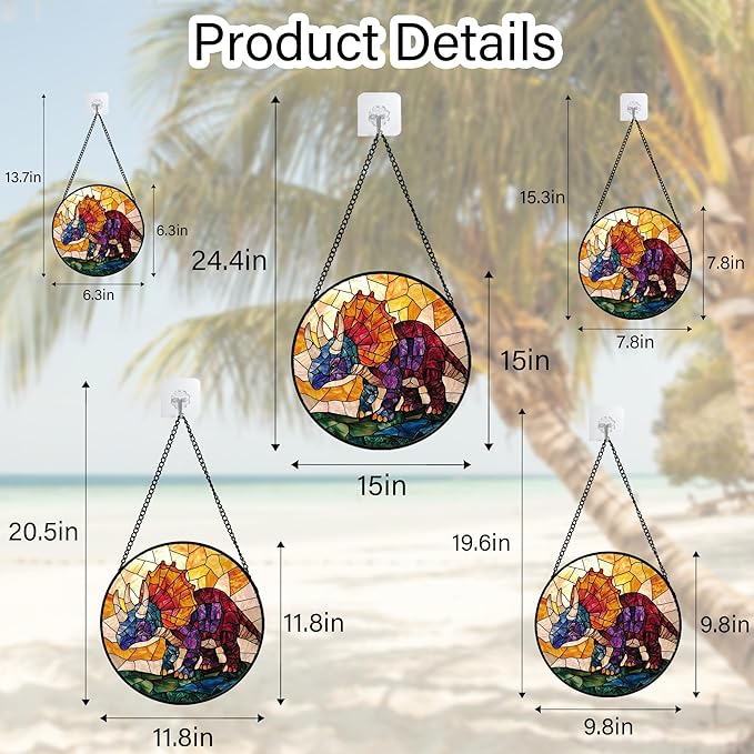 Stained Glass Window Hanging - Triceratops Abstract Dinosaur Suncatcher for Door Terrace Garden Home Decor, Orange Red Sun Catcher Birthday Gifts for Lovers Women Men Dad Mom Nana 15 in