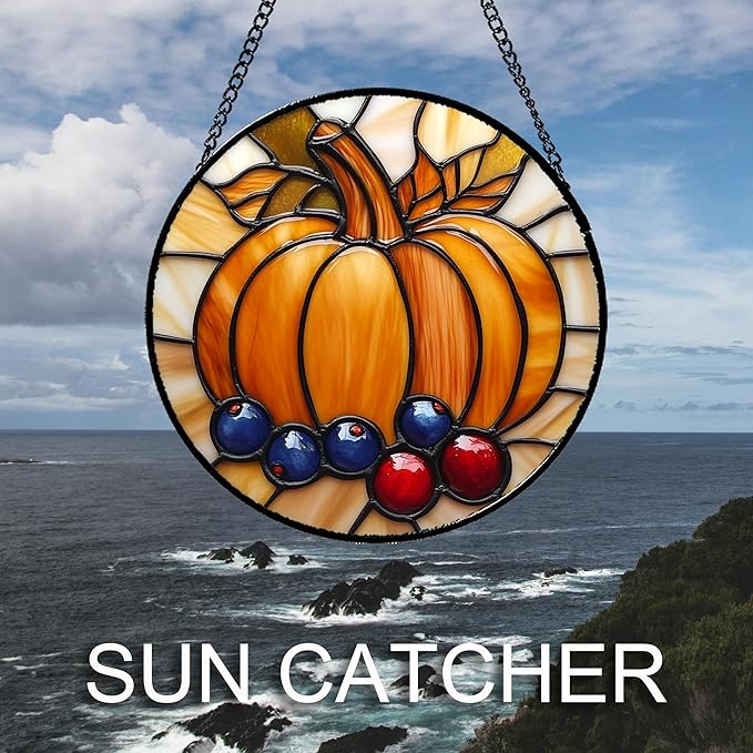 Stained Glass Window Hanging Fall Pumpkin Berries Large 11.8" - Suncatcher Door Garden Kitchen Sunroom Sun Catcher Autumn Home Decor Birthday for Mom Grandma Men Woman