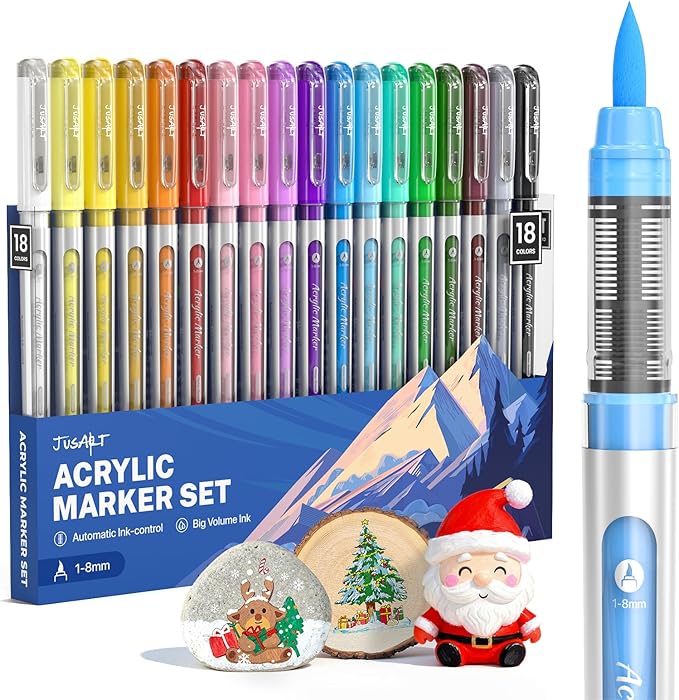 JusArt Acrylic Paint Markers Brush Tip 18 Colors, Water-Based No-Bleed Markers with Automatic Ink Control, Waterproof Acrylic Paint Pens for DIY Art & Crafts -Fabric, Rock, Wood, Glass, Ceramic, Metal