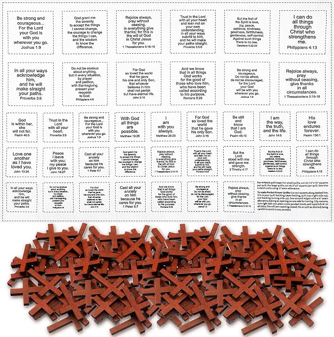 Pocket Prayer Quilt Panel Squares with Small Wooden Crosses Mini Scripture Pocket Prayer Quilt for Friend Family Religious Spiritual Gift Easter Reward Gift(Scripture,Brown)