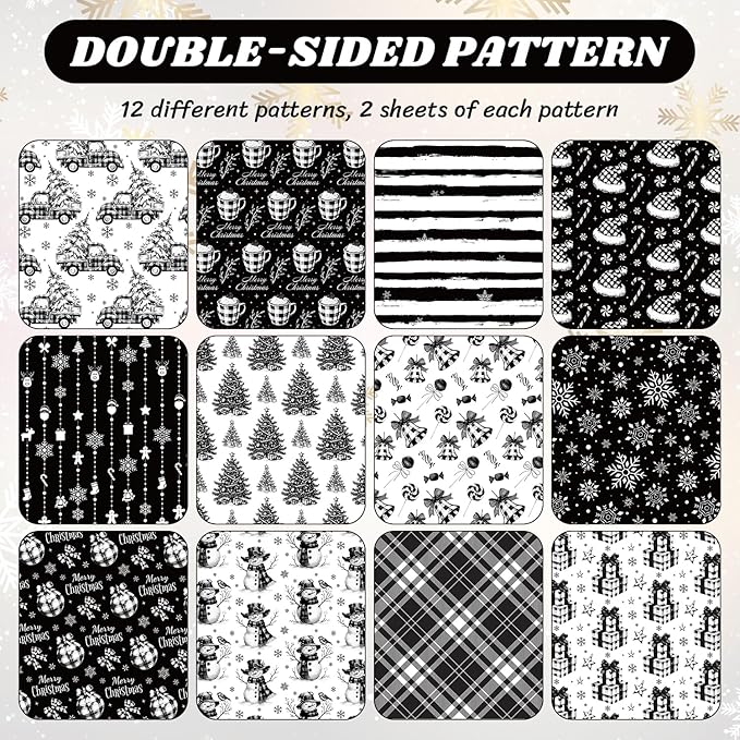 24 Sheets Christmas Scrapbook Paper 12'' × 12'' Double-Sided Xmas Black Plaid Pattern Paper Decorative Art Cardstock for Holiday DIY Crafts Card Making Scrapbook Supplies