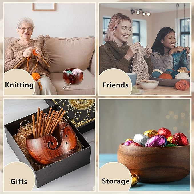 2 Sets Wooden Yarn Bowl Crochet Bowl Bamboo Handmade Knitting Wool Storage Round Rosewood Yarn Bowl with Holes 12 Pieces Crochet Hooks for Knitting Crocheting DIY Arts Crafts Tools Supplies