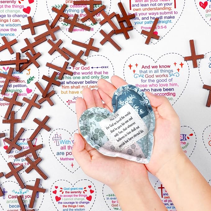 Pocket Prayer Quilt Panel Squares with Small Wooden Crosses Mini Scripture Pocket Prayer Quilt for Friend Family Religious Spiritual Gift Easter Reward Gift(Heart1,Brown)
