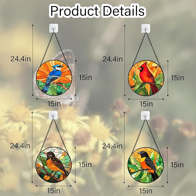 Stained Glass Window Hanging 4 Pcs Set Birds Large 15" - Cardinal Blue Jay Suncatcher Door Garden Sun Catcher Decor Birthday Christmas for Bird Lovers Mom Woman Nana Men