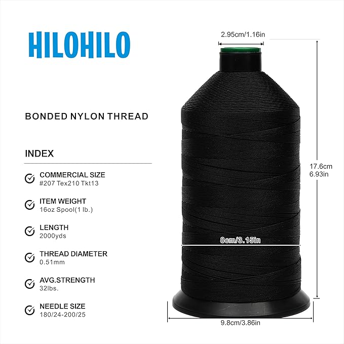 Extra Strong Bonded Nylon Thread #207 Tex210 – 16 OZ, 2000yds, Versatile Stitching Solution for Leather, Upholstery, Canvas Repair and More (Black)
