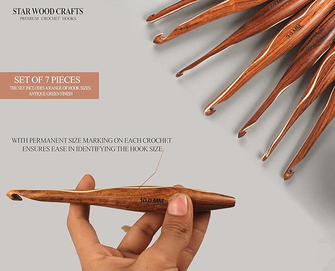 Wooden Crochet Hooks, (Set of 7) Ergonomic Crochet Hook for Arthritic Hands, Smooth and Comfortable Grip for Knitting Yarn
