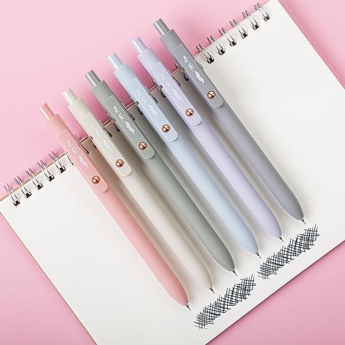 Mr. Pen- Retractable Gel Pens with Rose Gold Ring and Ball, 6 Pack, Morandi Barrels, Japanese Black Gel Pens, Fast Dry, Fine Point 0.5mm