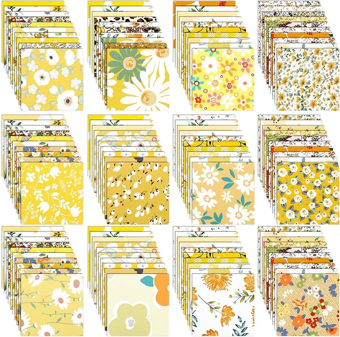 Kinlop 600 Pcs 5 x 5 Inch Floral Charm Packs for Quilting Yellow Flower Cotton Fabric Square Bulk Precut Fabric Squares Strips Printed Yellow Floral Patchwork for DIY Craft Sewing Accessory