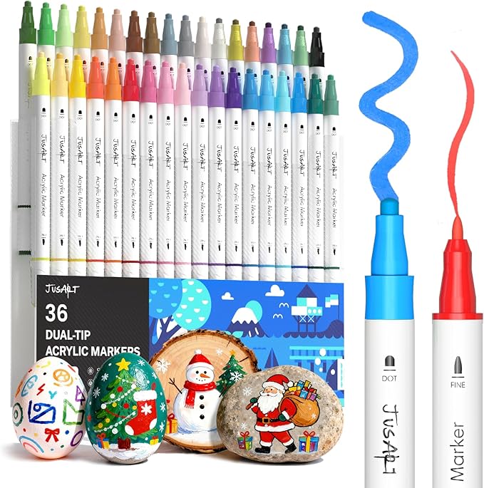JusArt 36 Colors Dual Tip Acrylic Paint Markers with Dot and Fine Tip, No-Bleed Paint Pens and Waterproof Markers for Rock, Wood, Glass, Ceramic - Vibrant Art Supplies for Kids, Beginners & Artists