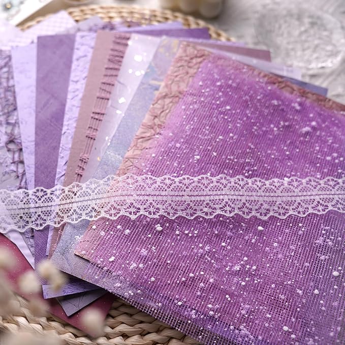 15Pcs Handmade Scrapbook Art Paper Craft Textured Paper Colorful A5 sheet Mesh Special Paper Mix for Scrapbooking Junk Journal Journaling Supplies DIY Materials,5.8x8.2 inches (Purple)