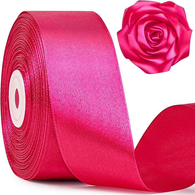 1-1/2 Inch Wide Rose Red Satin Ribbon, 50 Yards Solid Polyester Fabric Ribbon for Roses Making, Gift Wrapping, Valentine's Day, Wedding Decorations, Crafts, Bows