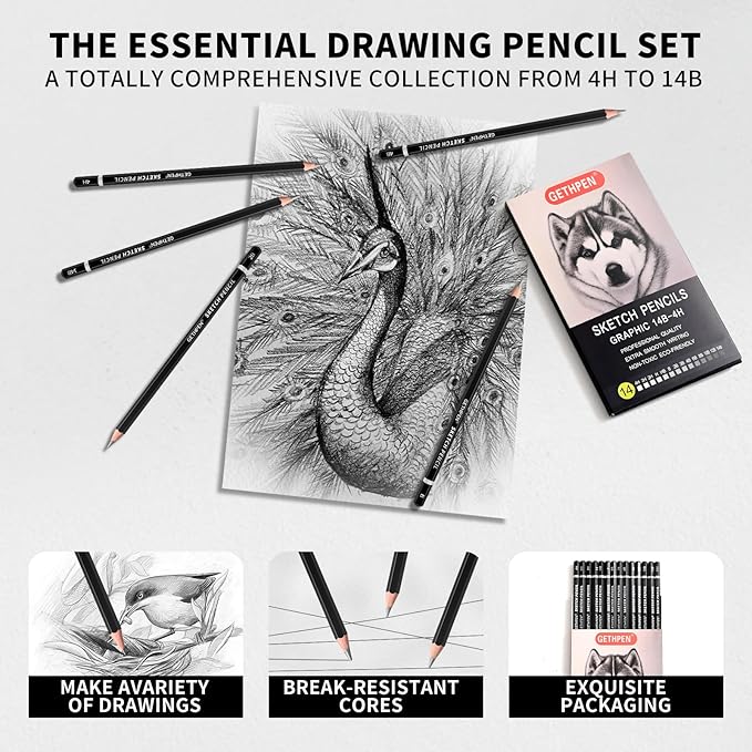 Professional Drawing Sketching Pencil Set - 14 Pieces Graphite Pencils(14B - 4H), Ideal for Drawing Art, Sketching, Shading, Artist Pencils for Beginners & Pro Artists