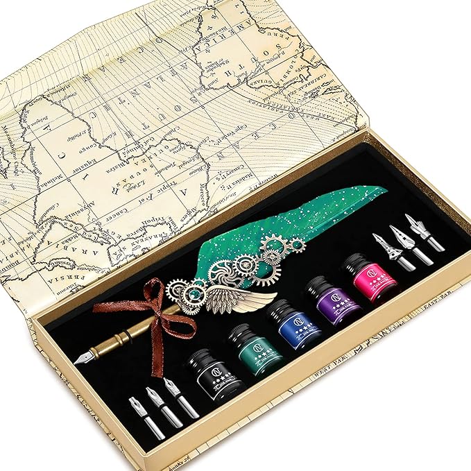 NC Quill Pen Ink Set, Feather Pen Includes 5 Bottles Ink and 6 Replaceable Stainless Steel Nibs, Mechanical Quill Calligraphy Pen for Writing, Letters, Invitations (Green)