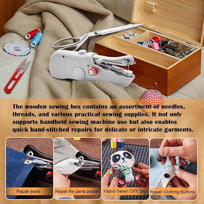 Handheld Sewing Machine with Exquisite Wooden Storage Box & 142-Piece Sewing Kit - Electric Switch, Dual Power Supply, Assorted Needles, Threads, Heavy Duty Scissors - Meets All Household Sewing Needs