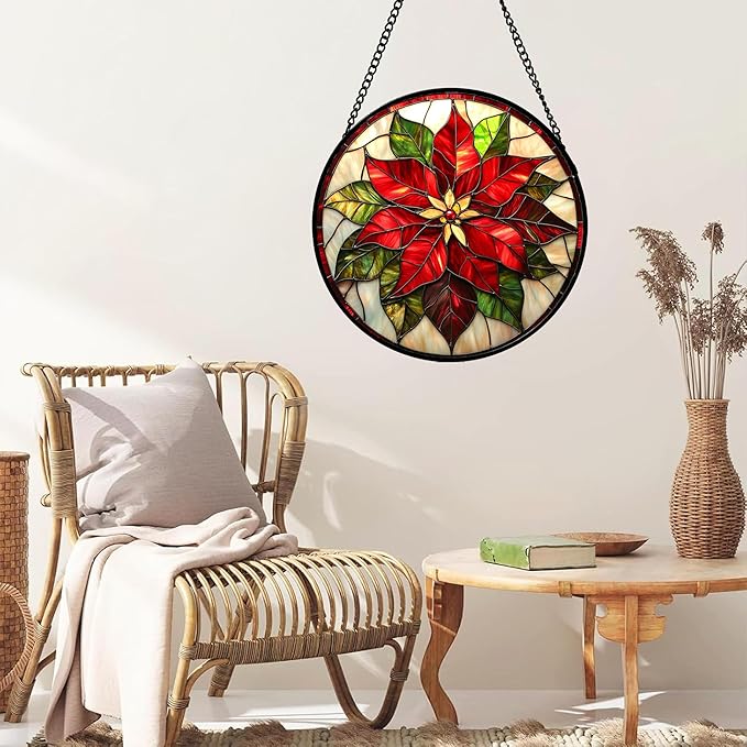 Stained Glass Window Hanging - Red Poinsettia Birth Flowers Suncatcher for Door Garden Yard Sun Catchers Decor Christmas Mother's Day Birthday Gifts for Women Mom Nana Teacher Friend 15 in