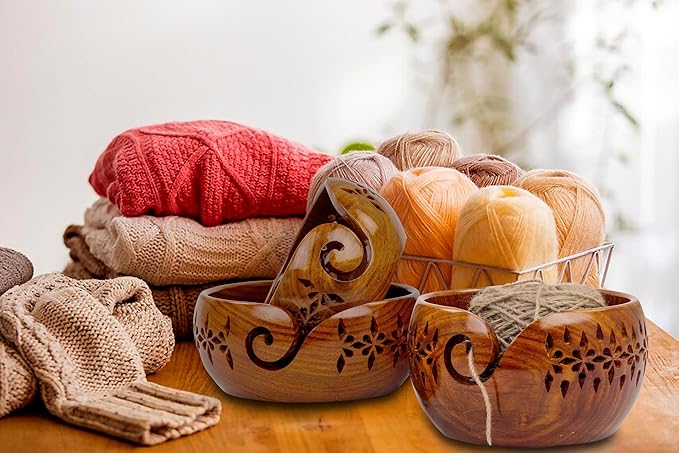 Nagina International Rosewood Crafted Wooden Yarn Storage Bowl With Carved Holes & Drills | Knitting Crochet Accessories (Set)