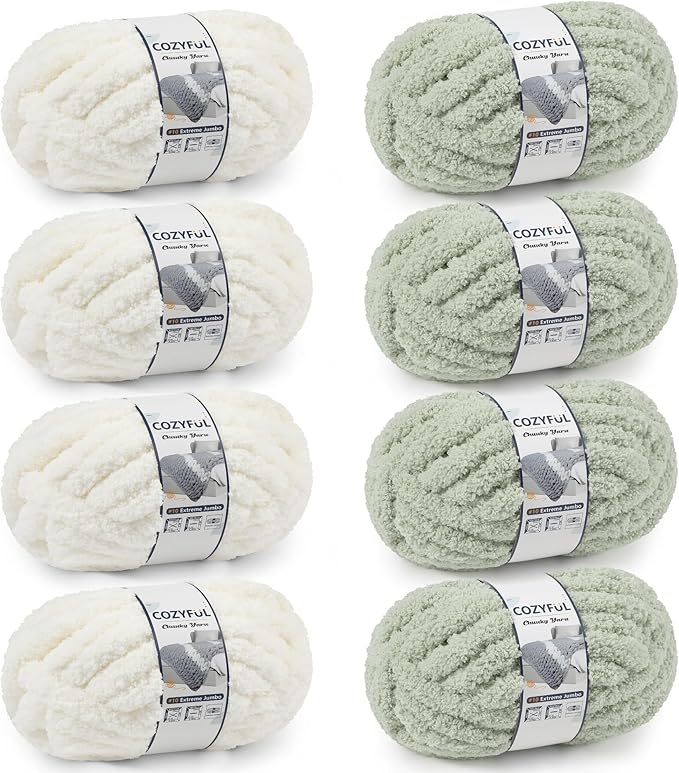 Chunky Yarn for Hand Knitting - #10 Chunky Chenille Yarn, Jumbo Big Thick Chunky Yarns for Crocheting, Super Bulky Chunky Knit Blanket Yarns, 8 Skein (25yd, 8oz/Skein), Cream & Sage