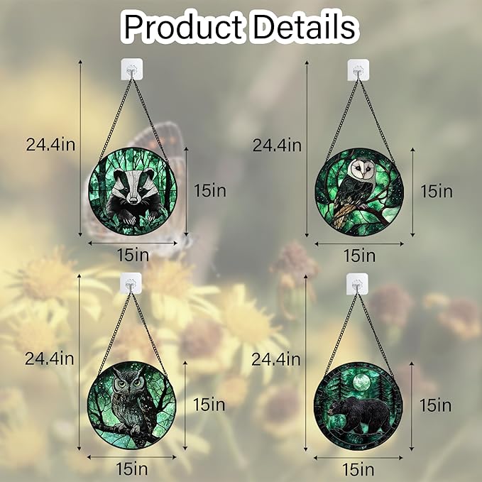 Stained Glass Window Hanging 4 Pcs Set Green Forest Night Sky Wildlife Large 15" - Suncatcher Door Garden Sun Catcher Decor Birthday for Mom Woman Nana Men Friend