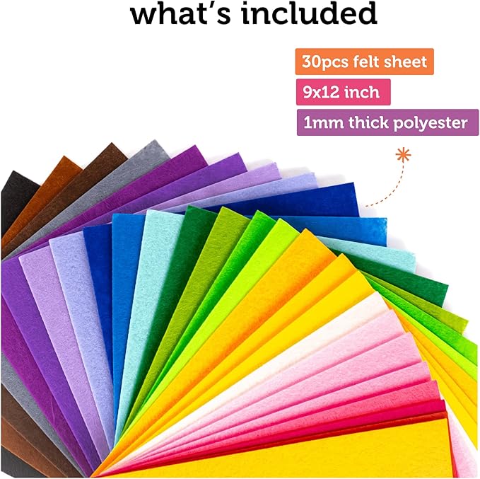 Incraftables Stiff Felt Sheets for Crafts (30 Pieces). Best Colored Felt Fabric Sheets (1mm Thick). Assorted Paper Pack of 30 Colors (9” x 12”) for DIY Decorations & Sewing Projects