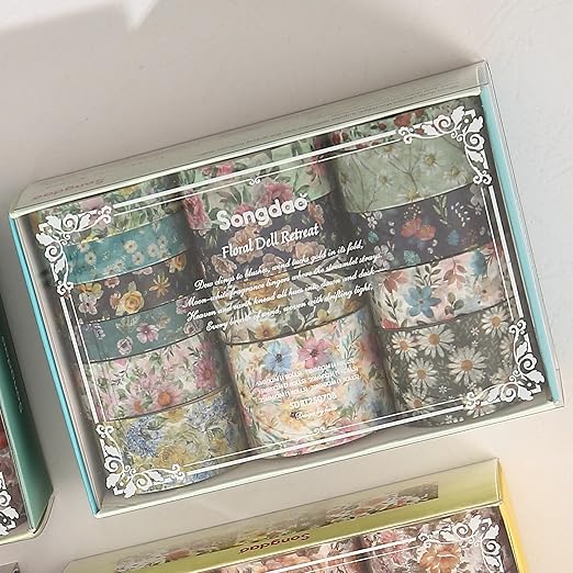 Floral Washi Tape Set - 15 Rolls Flowers Arts Adhesive Tapes Garden Blooms Decorative Masking Tape Sets for Craft, Kids, Scrapbook, DIY, Gift Wrloapping (1-Spring Meadow)