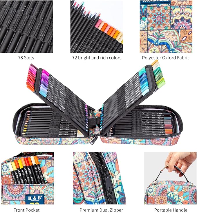 H & B Colored Pencils Set with Mandala Coloring Book, Eraser, and Sharpener - Perfect for Drawing and Coloring - Soft Oil-Based Cores Ideal (72)