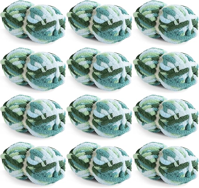 HOMBYS 12 Pack Giant Chunky Yarn for Crocheting & Knitting, Super Bulky Soft Fluffy Tie Dye Plush Fuzzy Mixed Color Thick Chenille Yarn (Mint, Teal, Green)