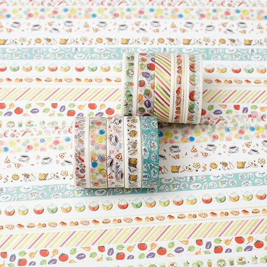YUBBAEX 10 Rolls Sparkling Washi Tape Set 8mm Skinny Gold Foil Decorative Masking Washi Tapes for Bullet Journal,Scrapbook, Planner, DIY Crafts (Gourmet Temptation)