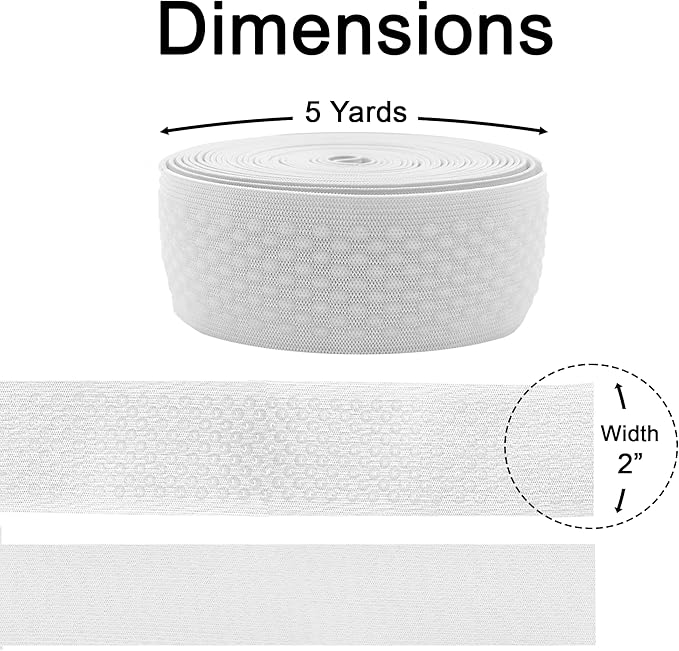 Mandala Crafts 2 Inch Elastic Silicone Gripper Tape for Clothing - 5 Yds Dotted Non Slip Elastic Band for Sewing - White Silicone Flat Fabric Stretchy Ribbon Straps