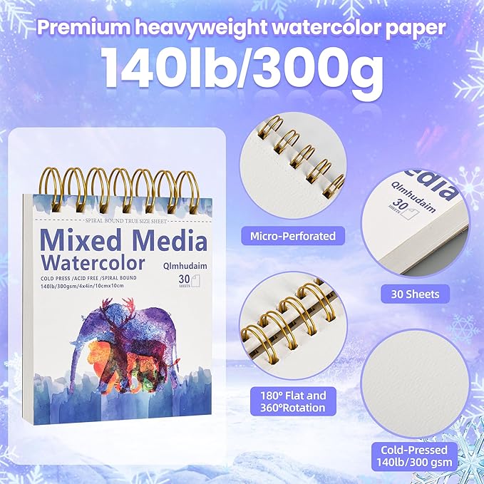 2-Pack Mixed Media Sketchbook 4" x4”| 30 Sheets 140lb/300g,Spiral - Bound with Tear - Line| Artist-Grade for Water Color Paper/Sketch Book |A Compact Watercolor Paper,Sized Exercises or Travel