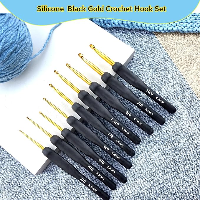 Ergonomic Crochet Hooks Set,Silicone Crochet Hook Knititng Needles for Arthritic Hands Premium Soft Grip Crochet Handles for Crocheting Yarn Craft Projects(2.0mm-6mm,Black)