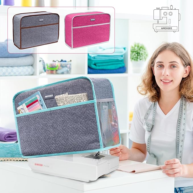 AMOIGEE Sewing Machine Cover for Brother, Singer, Janome – Quilted Dust Cover with Storage Pockets, Padded Protective Sewing Machine Case Fits Most Standard Sewing Machines (17" x 7" x 12")