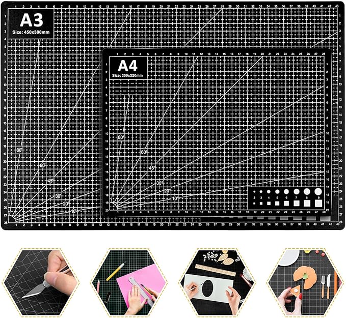 2 Pcs Large Cutting Mat Self Healing,Double Sided,Grid Line And Angles Help To Cut Precisely,Craft Mats for Scrapbooking, Quilting, Sewing and All Arts,Non Slip & Easy Clean ((A3 & A4 Black)
