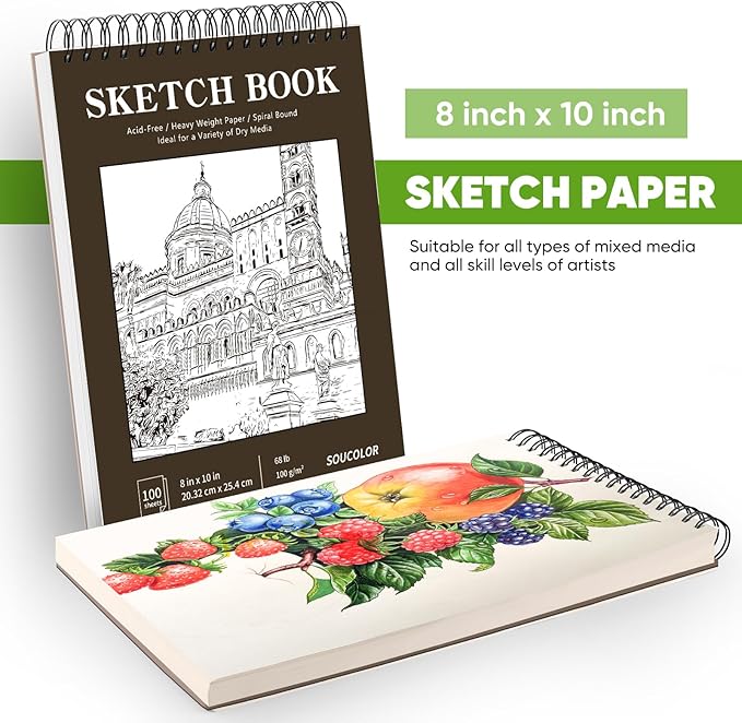 Soucolor 8" x 10" Blank Spiral Notebook| 100 Sheets 68lb/100gsm| Classroom Must Haves Supplies, Art Supplies for Teachers | Small Sketchbook Drawing Paper