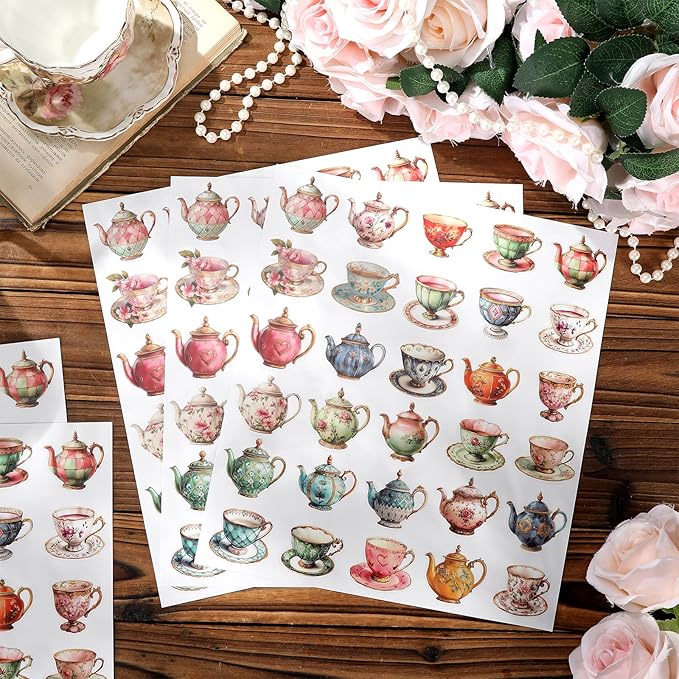 300 Pcs Vintage Tea Cups Stickers Rustic Mini Tea Time Stickers Party Favors Aesthetic Waterproof Vinyl Decals Pack for Water Bottles Scrapbooking Laptop Luggage Phone Skateboard