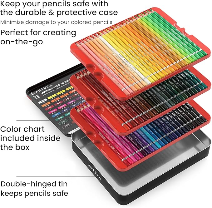 ARTEZA Watercolor Pencils Set of 72 Water-Soluble Colored Pencils for Blending, Layering, Painting, Lightfast Pigments with Soft Cores in Tin Case, Art Supplies for Adults, Artists, Holiday Gift Set