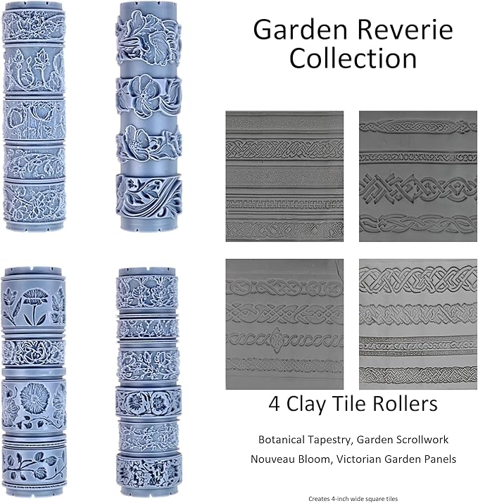 Garden Reverie Collection 4-Pack Clay Texture Rollers (4") - Seamless Border Set #01 - Embossing Pattern Rollers for Polymer & Ceramic Clay, Pottery & Crafts