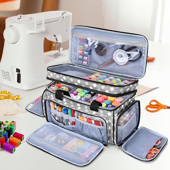 LUXJA Large 2 Layers Sewing Organizer Bag with 5 Detachable Dividers, Sewing Storage Bag for Sewing Supplies, Polka Dots