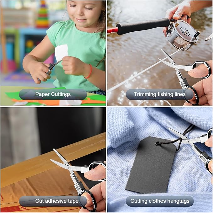 2 Pcs Folding Stainless Steel Portable Mini Travel Scissors, Safety Foldable Pocket Badge Small Scissors All Purpose with 2 Keychain for Travel, Office, Craft, Sewing, Nurse Accessories (Gray Black)