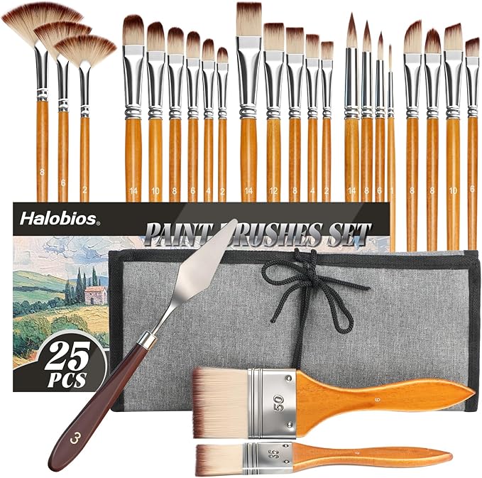 25pcs Paint Brush Set, Professional Paint Brushes with Canvas Roll and Palette Knife, Acrylic Paintbrush Kit for Artist,Watercolor,Oil,Gouache