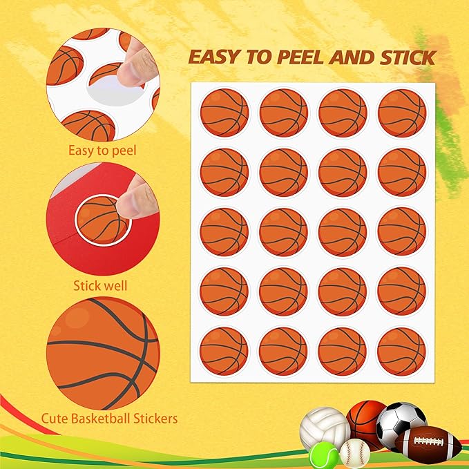600 PCS Basketball Stickers for Kids, Basketball Ball Stickers Sport Balls Theme Decals Sticker for Crafts Scrapbooks Envelope Gift Classroom Teacher Birthday Party Decor, 1.5 Inch
