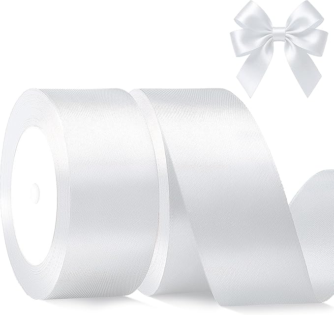 White Satin Ribbon 1-1/2 Inch x 2 Rolls White Wide Satin Fabric Ribbon for Gift Packaging, Christmas, Wedding, Flower Bouquet, Holiday Party, Invitation