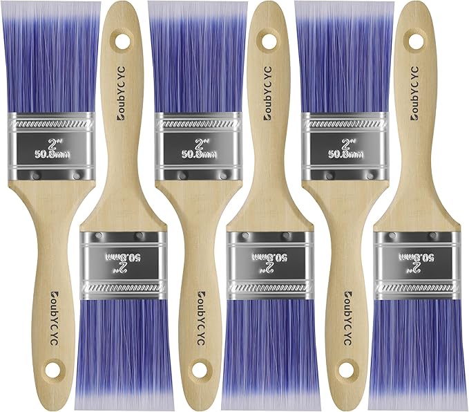 Paint Brushes - 6 Pack, 2" Flat Brushes, Paint Brush Set, Wood Paint Brushes for Walls, Stain & All Oil Paints - Home Improvement - Interior & Exterior Use