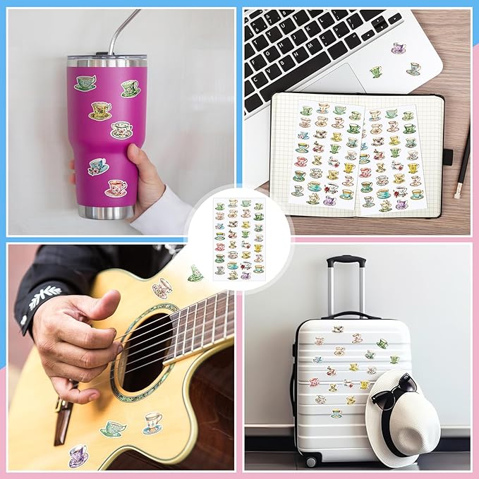 Humyoun 300 Pcs Tea Cup Stickers Rustic Mini Teacup Stickers Tea Time Party Favors Aesthetic Waterproof Vinyl Decals Pack for Water Bottles Scrapbooking Laptop Luggage Phone Skateboard