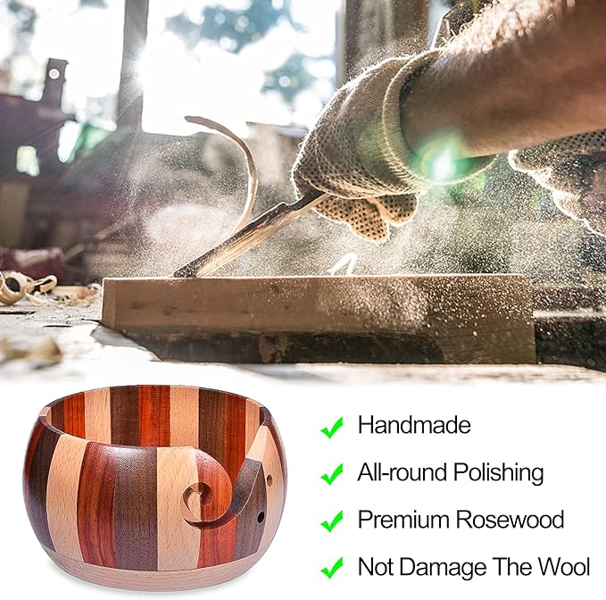 Coopay Wool Yarn Bowl Rosewood, Handmade Wooden Yarn Storage Bowl With Holes, Knitting Wool Storage Bowl Round - Ideal Knitting Crochet Accessories for Knitters