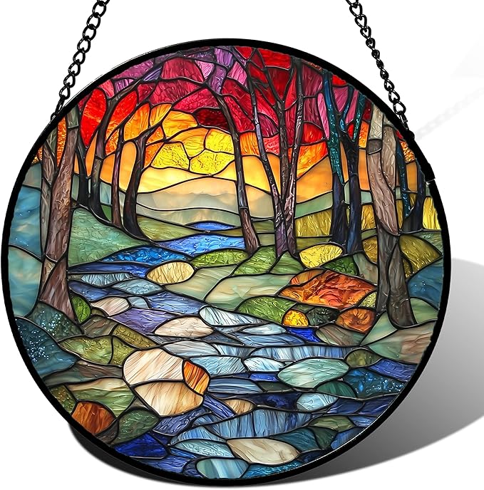 Stained Glass Window Hanging, Red Tree Abstract Sunset Lake Sun Catcher for Window Home Decor Landscape Suncatcher Mother's Day Birthday Gifts for Women Men Mom and Nana 15 in