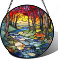 Stained Glass Window Hanging, Red Tree Abstract Sunset Lake Sun Catcher for Window Home Decor Landscape Suncatcher Mother's Day Birthday Gifts for Women Men Mom and Nana 15 in