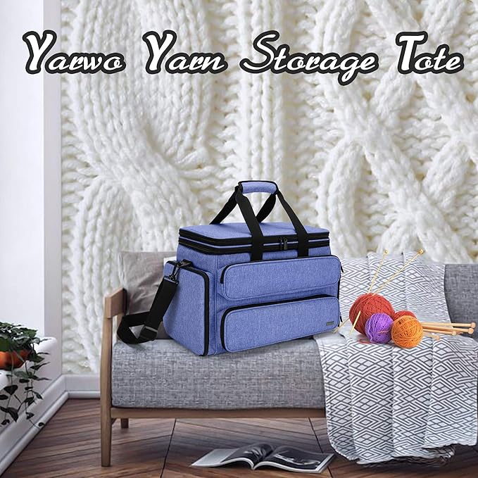 Yarwo Knitting Yarn Bag, Portable Crochet Storage Tote with Double Top Cover and Yarn Holes for Knitting Needles(Up to 14”), Unfinished Projects and Skeins of Yarn, Blue