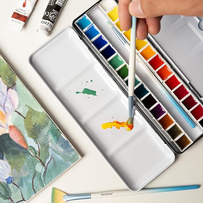 MEEDEN Empty Travel Watercolor Palette: Portable Watercolor Palette Tin with 24 Half Pans - Metal Watercolor Paint Palette Tin Box for Artist Student Adults (Yellow)