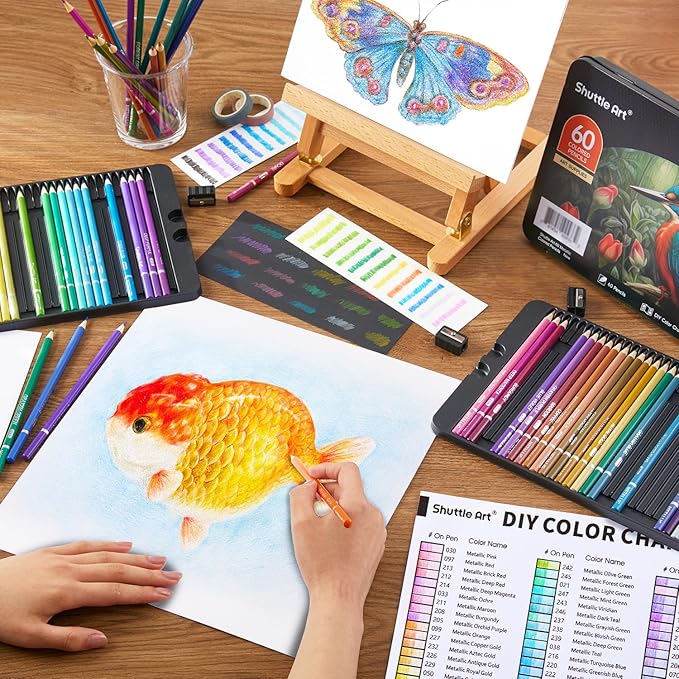 Shuttle Art 60 Metallic Colored Pencils, Colored Pencils for Adult Coloring, Soft Core Coloring Pencil in Gift Tin Box, Drawing Pencil for Kids Adults Beginners Artists Drawing Sketching